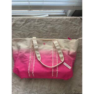 Victorias Secret Pink & Cream Gradient Canvas Tote Bag With Zipper Top & Inner L